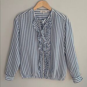 Dorothee Schumacher Cool Stripe Silk Blend Blouse Size 4 Ruffle Front Blue White